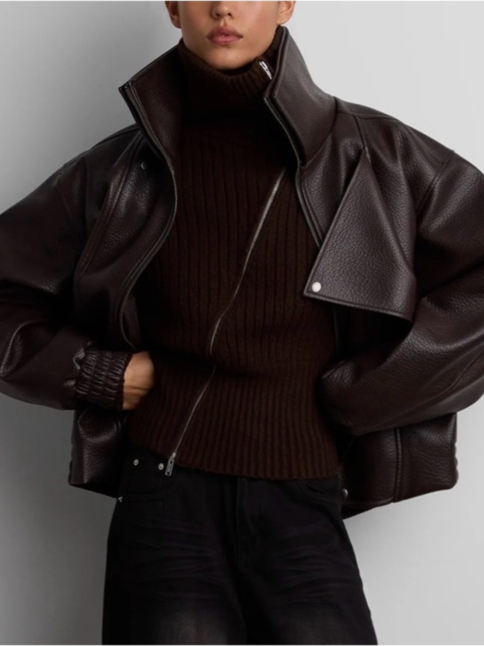 NWT OAK + FORT Dark Brown Vegan Leather Bomber Jacket - Picture 2 of 7